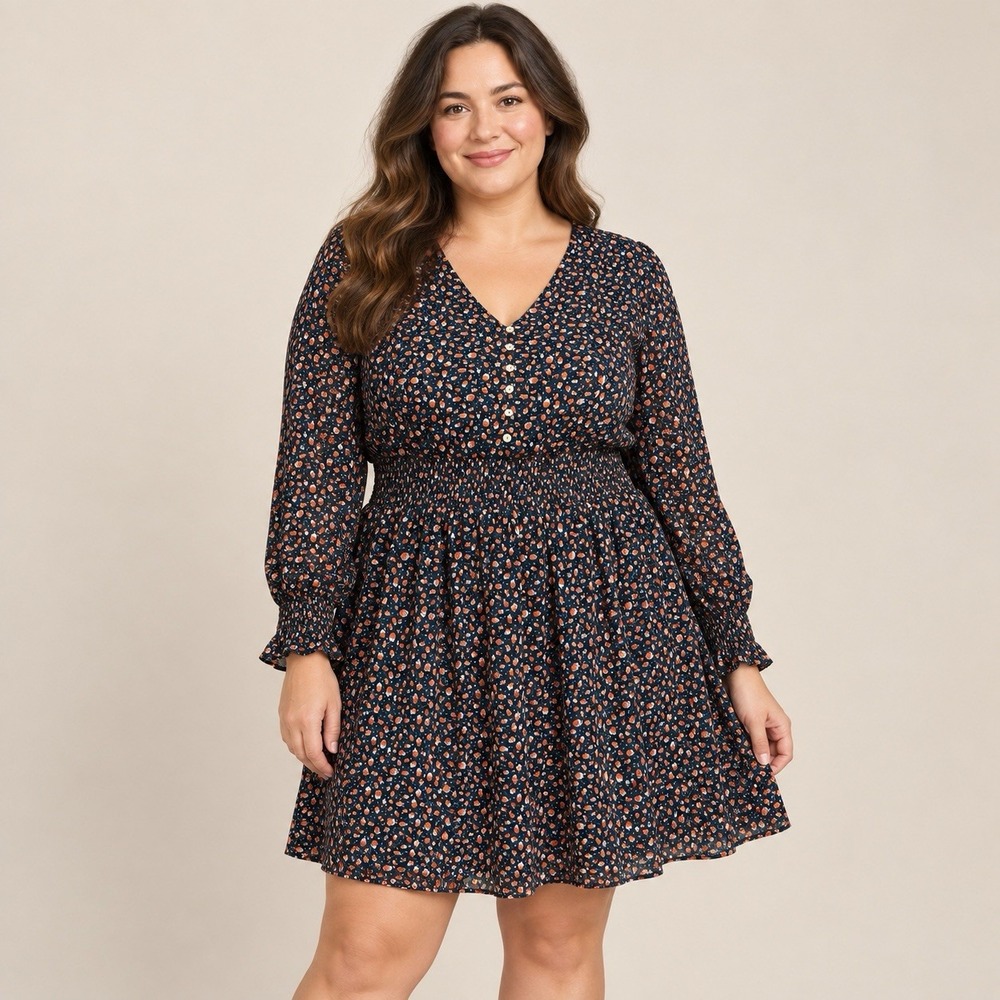 LOFT Women Midi Dress L Navy Ladybug Print Smocked Chiffon V-Neck Career